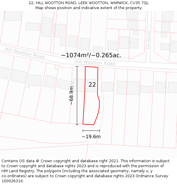 22, HILL WOOTTON ROAD, LEEK WOOTTON, WARWICK, CV35 7QL: Plot and title map