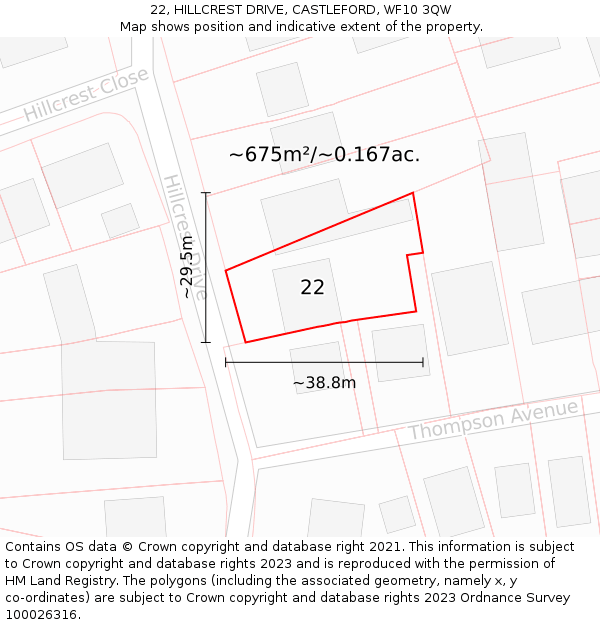 22, HILLCREST DRIVE, CASTLEFORD, WF10 3QW: Plot and title map