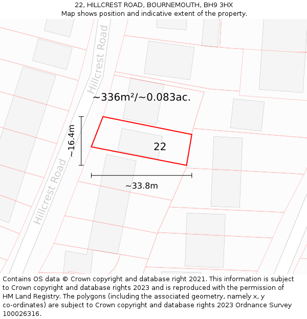 22, HILLCREST ROAD, BOURNEMOUTH, BH9 3HX: Plot and title map