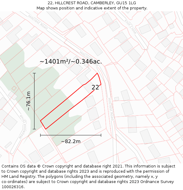 22, HILLCREST ROAD, CAMBERLEY, GU15 1LG: Plot and title map