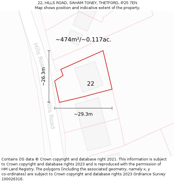 22, HILLS ROAD, SAHAM TONEY, THETFORD, IP25 7EN: Plot and title map