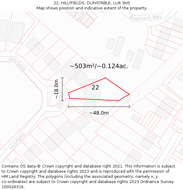 22, HILLYFIELDS, DUNSTABLE, LU6 3NS: Plot and title map