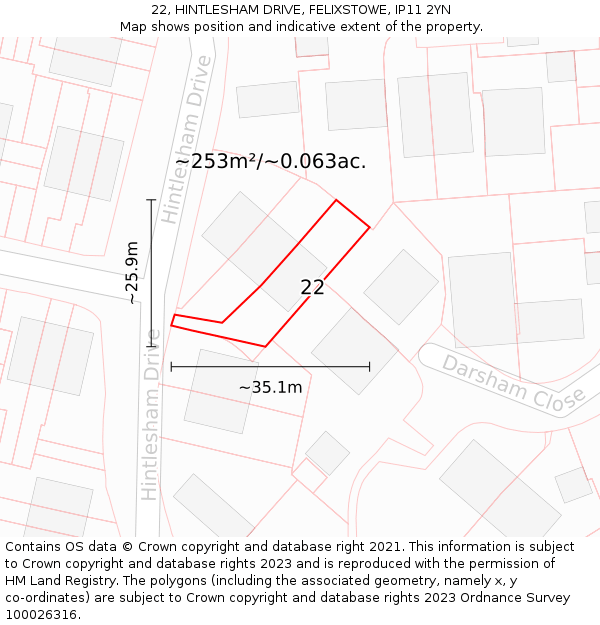 22, HINTLESHAM DRIVE, FELIXSTOWE, IP11 2YN: Plot and title map