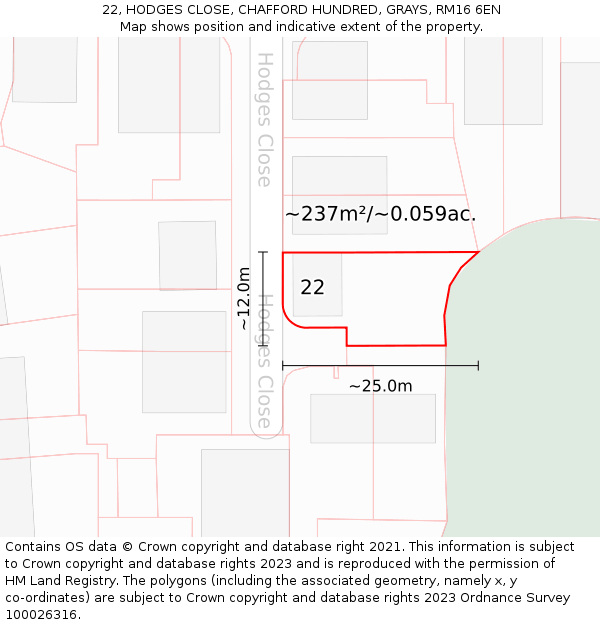 22, HODGES CLOSE, CHAFFORD HUNDRED, GRAYS, RM16 6EN: Plot and title map