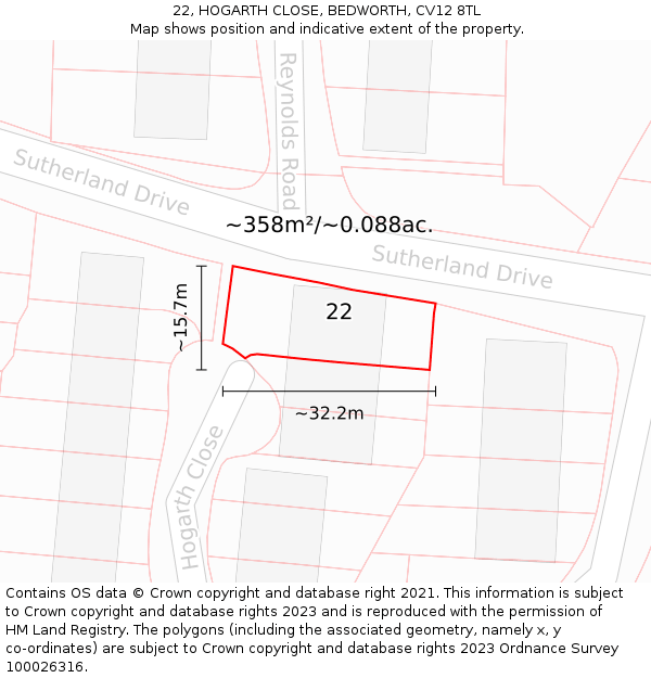 22, HOGARTH CLOSE, BEDWORTH, CV12 8TL: Plot and title map