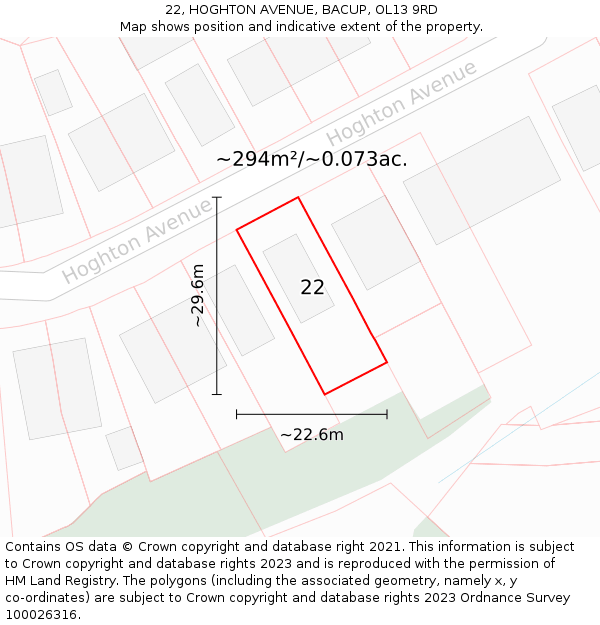 22, HOGHTON AVENUE, BACUP, OL13 9RD: Plot and title map