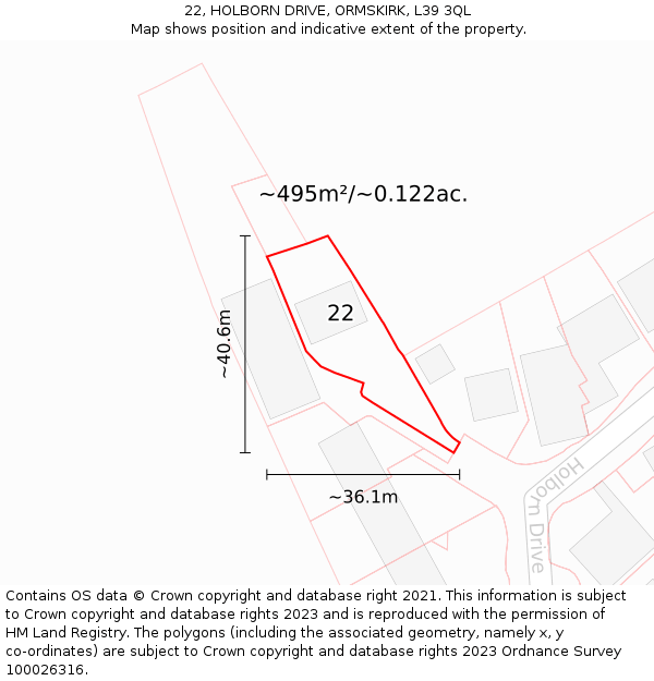 22, HOLBORN DRIVE, ORMSKIRK, L39 3QL: Plot and title map