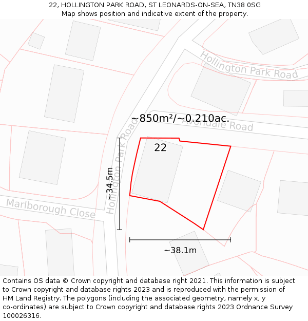 22, HOLLINGTON PARK ROAD, ST LEONARDS-ON-SEA, TN38 0SG: Plot and title map