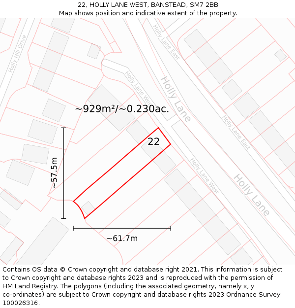 22, HOLLY LANE WEST, BANSTEAD, SM7 2BB: Plot and title map