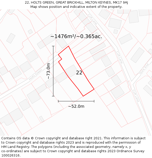 22, HOLTS GREEN, GREAT BRICKHILL, MILTON KEYNES, MK17 9AJ: Plot and title map