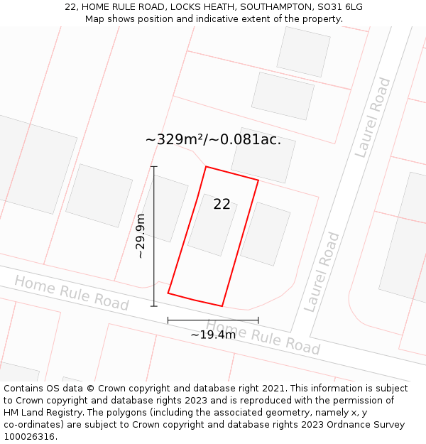 22, HOME RULE ROAD, LOCKS HEATH, SOUTHAMPTON, SO31 6LG: Plot and title map