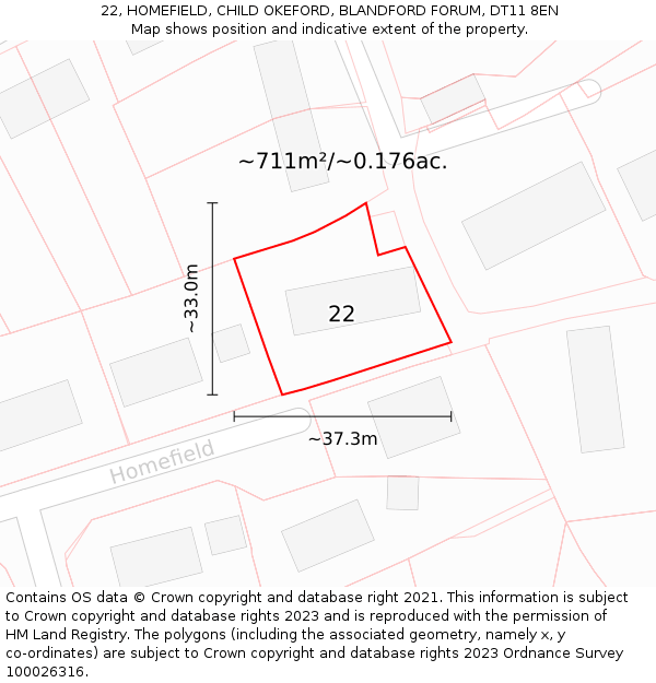 22, HOMEFIELD, CHILD OKEFORD, BLANDFORD FORUM, DT11 8EN: Plot and title map