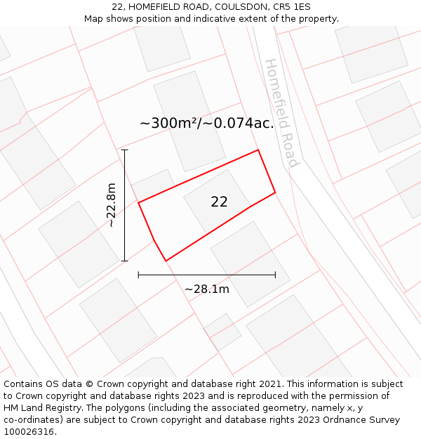 22, HOMEFIELD ROAD, COULSDON, CR5 1ES: Plot and title map