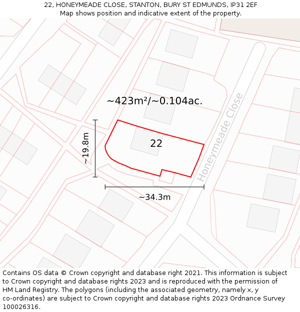 22, HONEYMEADE CLOSE, STANTON, BURY ST EDMUNDS, IP31 2EF: Plot and title map