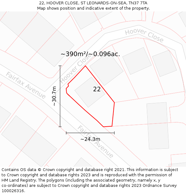 22, HOOVER CLOSE, ST LEONARDS-ON-SEA, TN37 7TA: Plot and title map