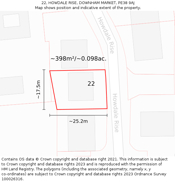 22, HOWDALE RISE, DOWNHAM MARKET, PE38 9AJ: Plot and title map