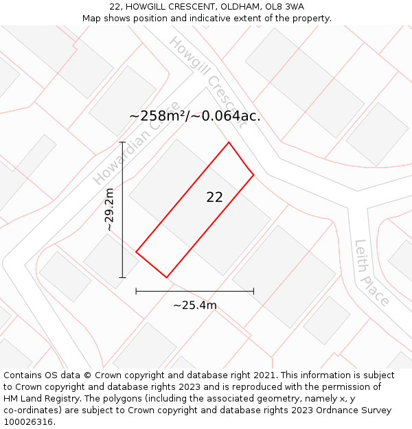 22, HOWGILL CRESCENT, OLDHAM, OL8 3WA: Plot and title map