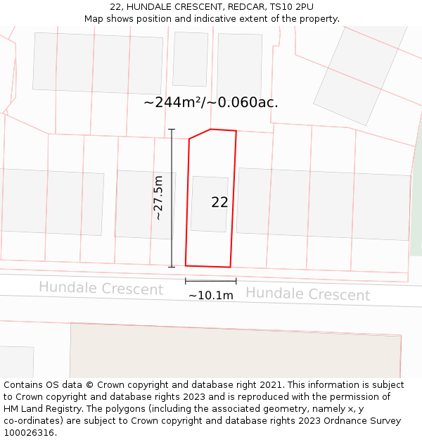 22, HUNDALE CRESCENT, REDCAR, TS10 2PU: Plot and title map