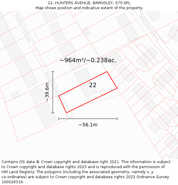 22, HUNTERS AVENUE, BARNSLEY, S70 6PL: Plot and title map