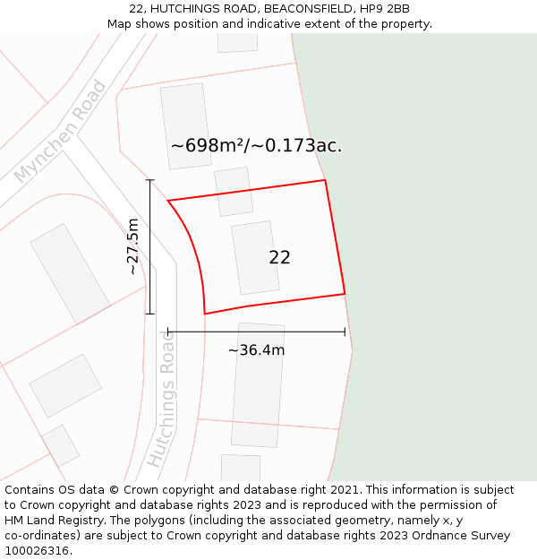 22, HUTCHINGS ROAD, BEACONSFIELD, HP9 2BB: Plot and title map