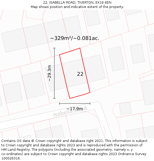 22, ISABELLA ROAD, TIVERTON, EX16 6EN: Plot and title map