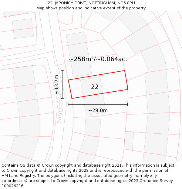 22, JAPONICA DRIVE, NOTTINGHAM, NG6 8PU: Plot and title map