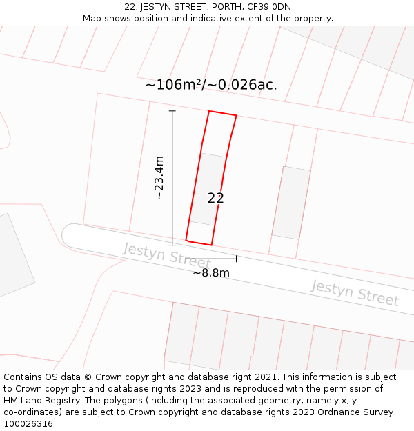 22, JESTYN STREET, PORTH, CF39 0DN: Plot and title map