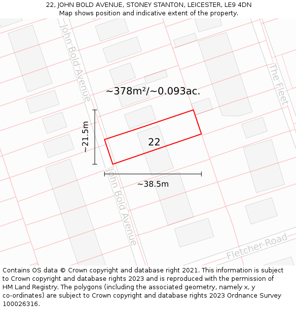 22, JOHN BOLD AVENUE, STONEY STANTON, LEICESTER, LE9 4DN: Plot and title map