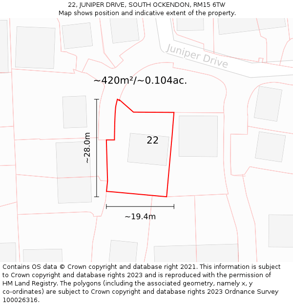 22, JUNIPER DRIVE, SOUTH OCKENDON, RM15 6TW: Plot and title map