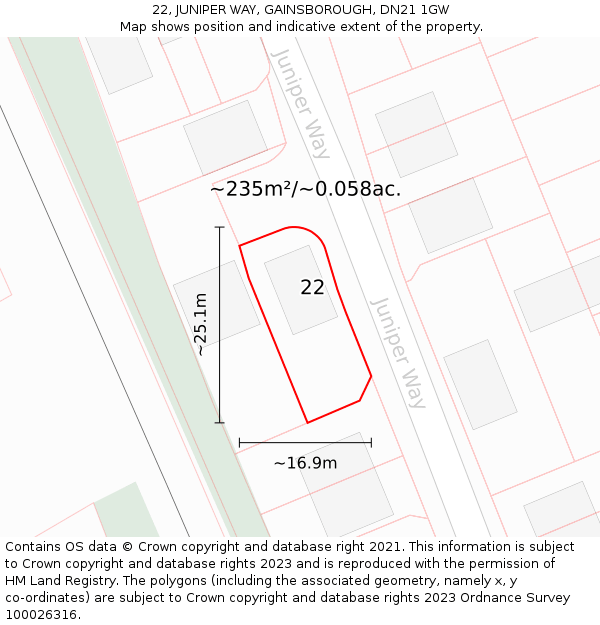 22, JUNIPER WAY, GAINSBOROUGH, DN21 1GW: Plot and title map