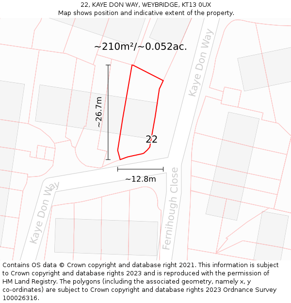 22, KAYE DON WAY, WEYBRIDGE, KT13 0UX: Plot and title map