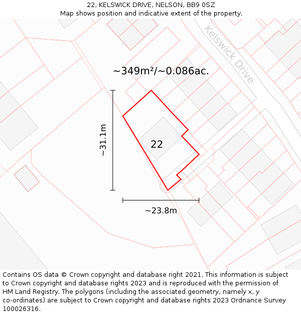 22, KELSWICK DRIVE, NELSON, BB9 0SZ: Plot and title map