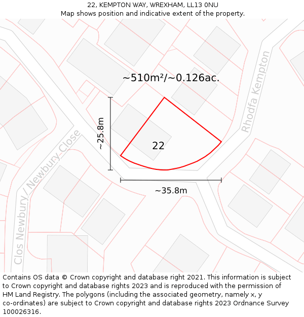 22, KEMPTON WAY, WREXHAM, LL13 0NU: Plot and title map