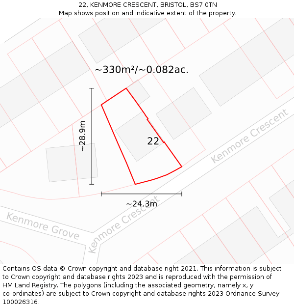 22, KENMORE CRESCENT, BRISTOL, BS7 0TN: Plot and title map