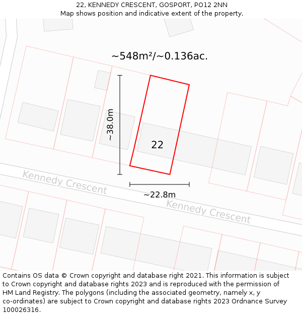 22, KENNEDY CRESCENT, GOSPORT, PO12 2NN: Plot and title map