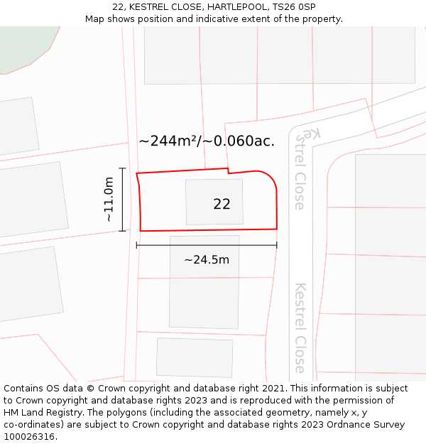 22, KESTREL CLOSE, HARTLEPOOL, TS26 0SP: Plot and title map