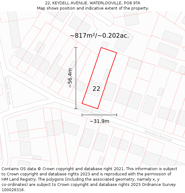 22, KEYDELL AVENUE, WATERLOOVILLE, PO8 9TA: Plot and title map