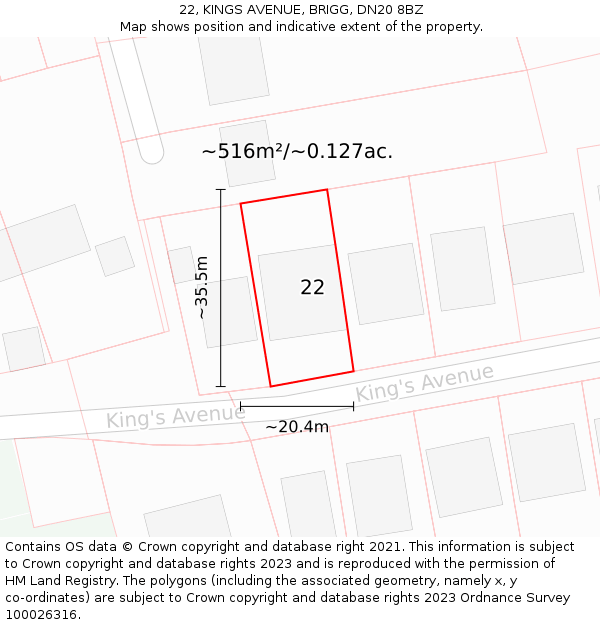 22, KINGS AVENUE, BRIGG, DN20 8BZ: Plot and title map