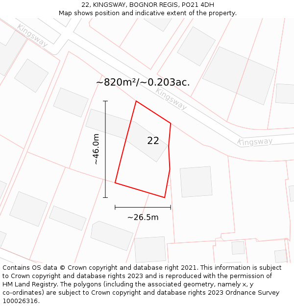 22, KINGSWAY, BOGNOR REGIS, PO21 4DH: Plot and title map