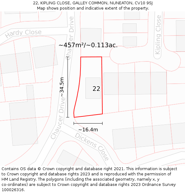 22, KIPLING CLOSE, GALLEY COMMON, NUNEATON, CV10 9SJ: Plot and title map