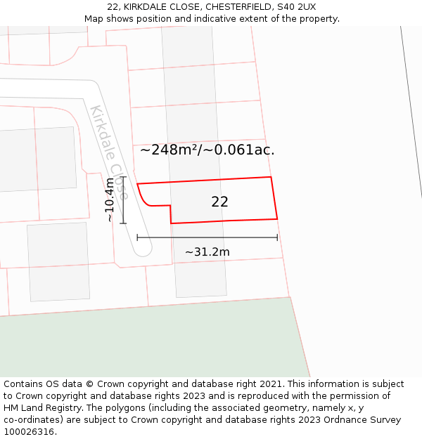 22, KIRKDALE CLOSE, CHESTERFIELD, S40 2UX: Plot and title map