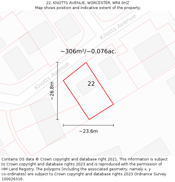 22, KNOTTS AVENUE, WORCESTER, WR4 0HZ: Plot and title map