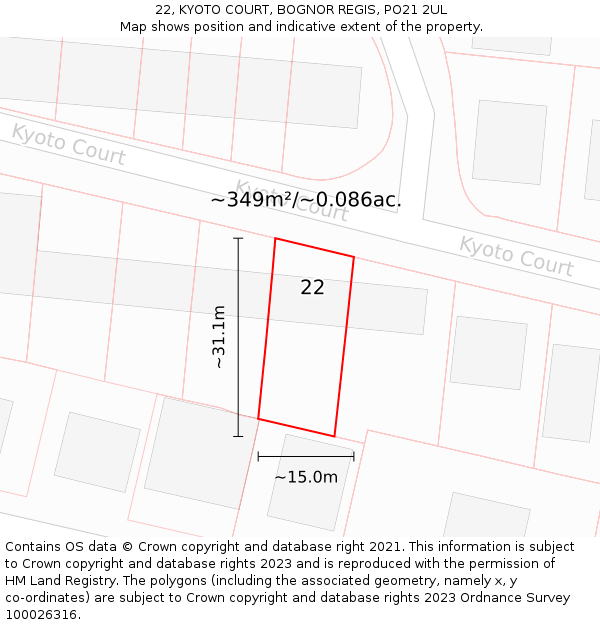 22, KYOTO COURT, BOGNOR REGIS, PO21 2UL: Plot and title map