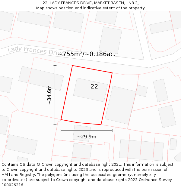 22, LADY FRANCES DRIVE, MARKET RASEN, LN8 3JJ: Plot and title map