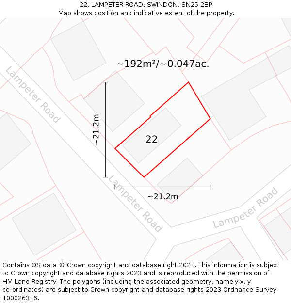 22, LAMPETER ROAD, SWINDON, SN25 2BP: Plot and title map
