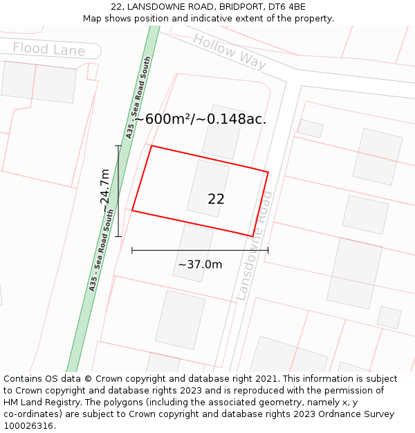 22, LANSDOWNE ROAD, BRIDPORT, DT6 4BE: Plot and title map