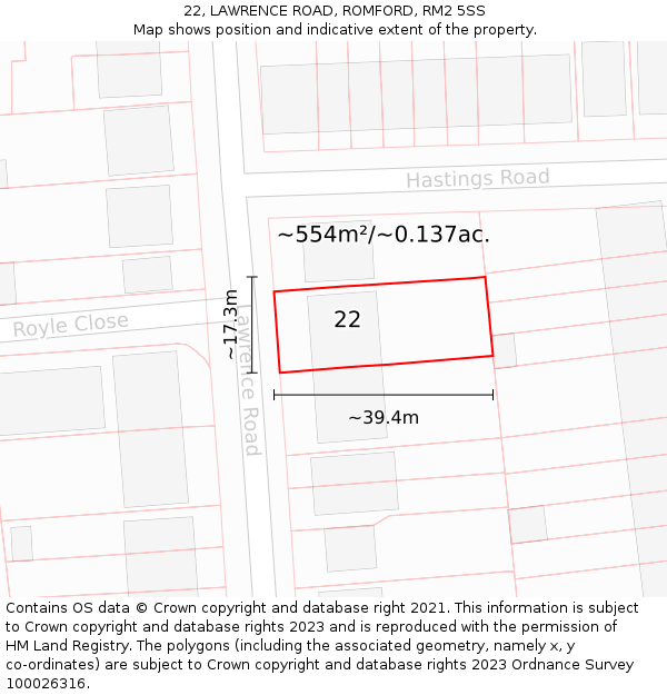 22, LAWRENCE ROAD, ROMFORD, RM2 5SS: Plot and title map