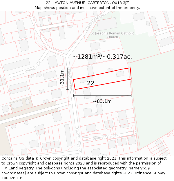 22, LAWTON AVENUE, CARTERTON, OX18 3JZ: Plot and title map