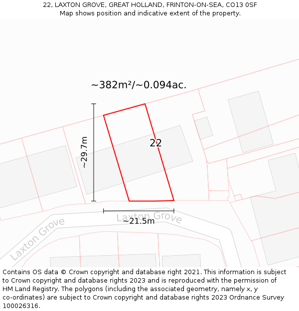 22, LAXTON GROVE, GREAT HOLLAND, FRINTON-ON-SEA, CO13 0SF: Plot and title map