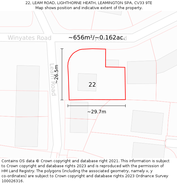 22, LEAM ROAD, LIGHTHORNE HEATH, LEAMINGTON SPA, CV33 9TE: Plot and title map